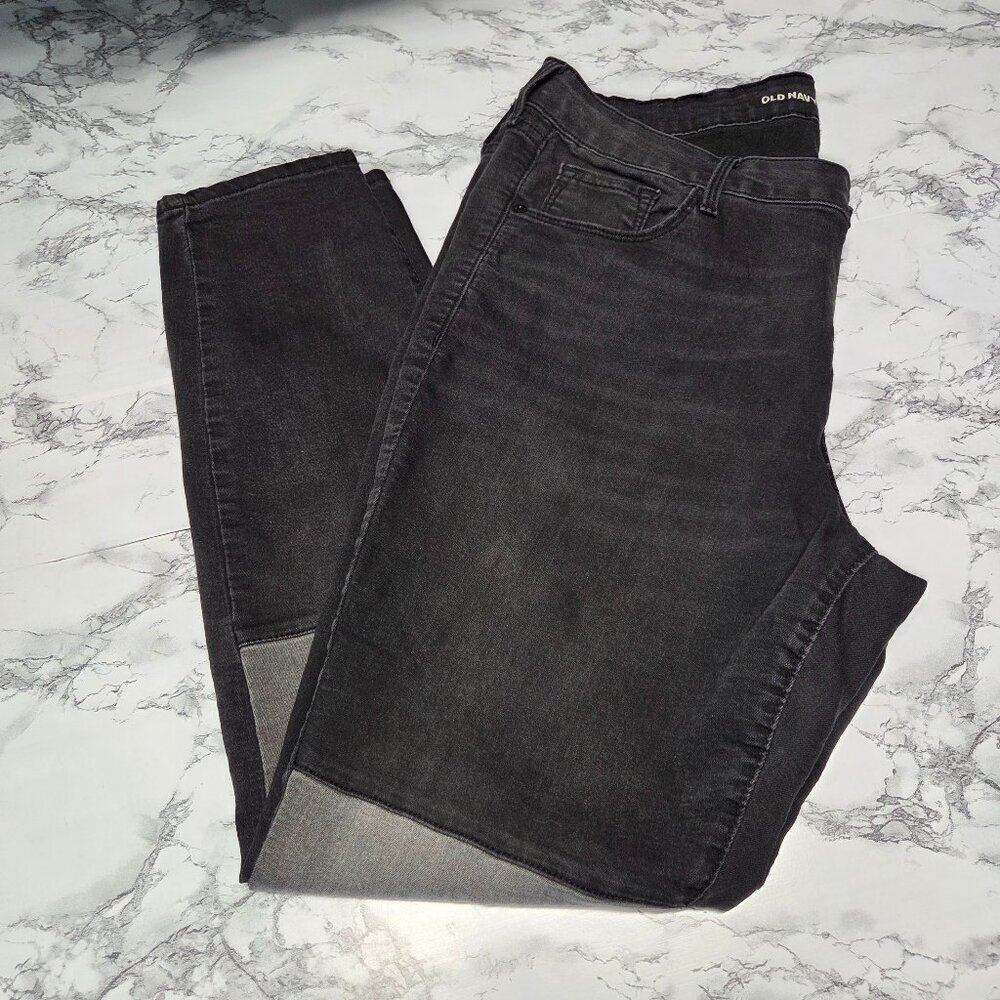 Old Navy Rockstar Size 16 Black Two-Tone Colorblock Patched Knee Skinny Jeans